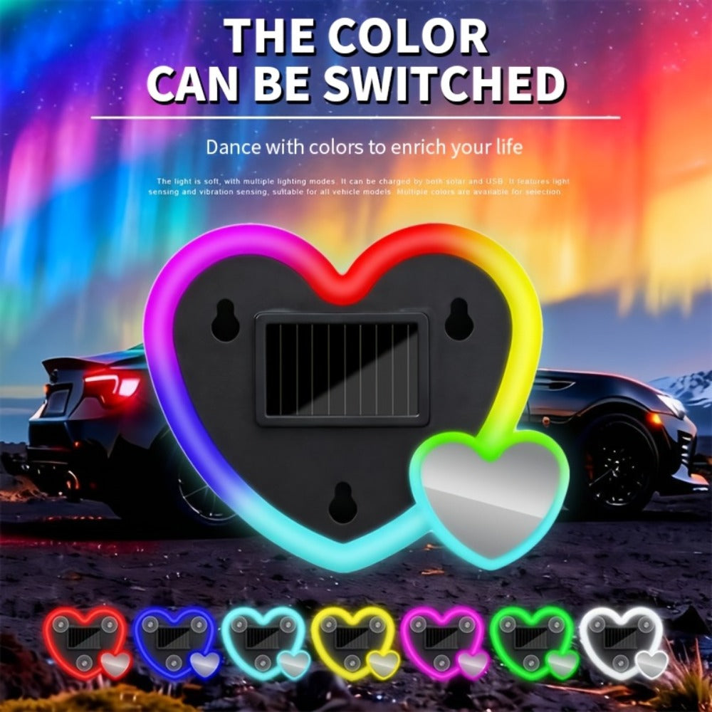 Car Interior Neon Heart Lights Solar USB Rechargeable 5 Lighting Modes Vibration-Sensing Auto On/Off Dashboard Decoration for Cars Trucks