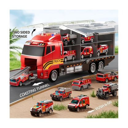 Fire Truck Toy Set for Kids Ages 3-6, Die-Cast Metal Carrier Truck with Play Mat, Emergency Vehicle Collection