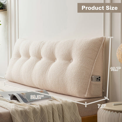 Bed Wedge Pillow Headboard Pillow with Side Pockets Removable Cover Teddy Velvet Reading Pillow Twin Queen King