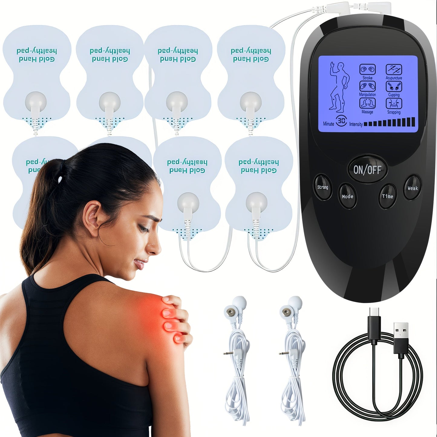 TENS EMS Dual Channel Stimulator Massager, 8 Electrodes for Back, Shoulder & Knee Pain, Recovery