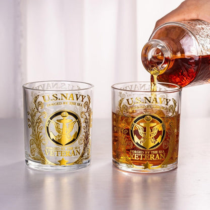 Engraved Veteran Tribute Whiskey Glass 10oz - US Navy Military Gift, Personalized Patriotic Whiskey Glasses for Dad