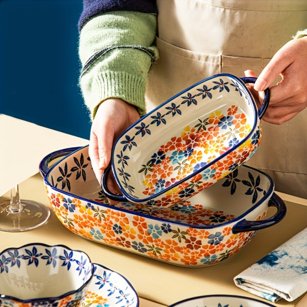 Ceramic Baking Dish Set of 2 Large 13 Inch Rectangular Casserole Dish Porcelain Bohemian for Entryways, Bedrooms and Living Spaces