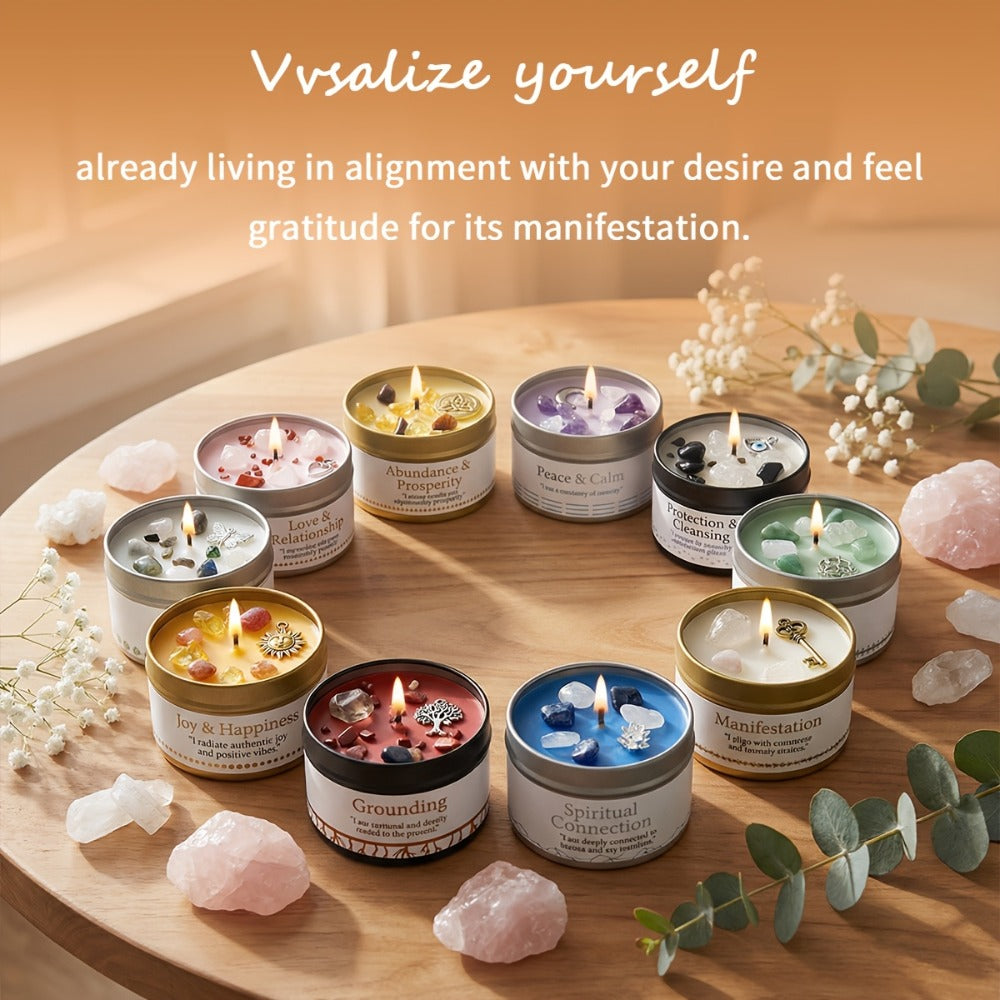 Crystal-Style Tin Candle with Eleven Intention Labels and One- or Two-Piece Checkout Options