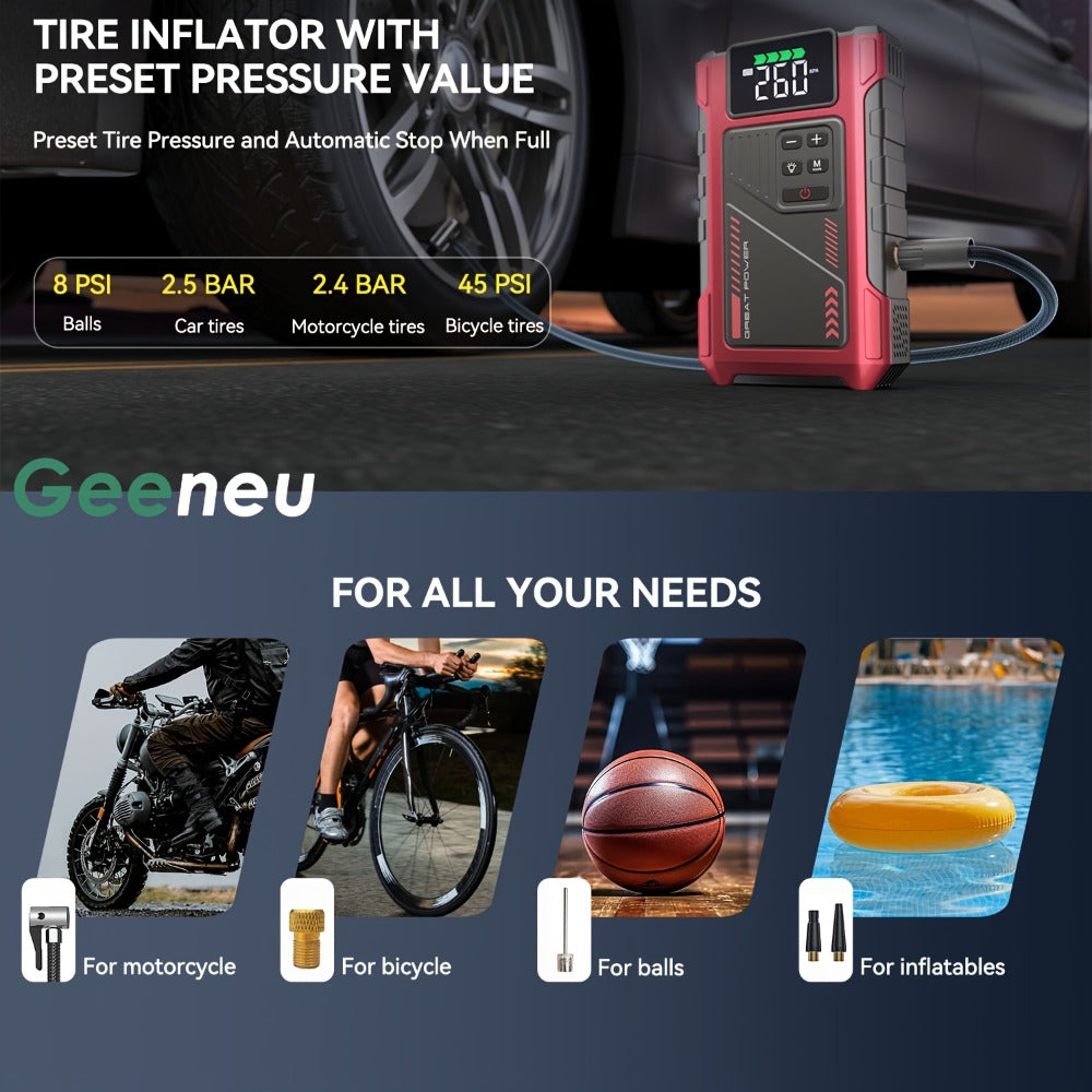Portable Jump Starter 9-in-1 with Air Compressor – 12V Car Battery Booster for 8.0L Gas & 6.5L Diesel, USB-C, LED Emergency Light
