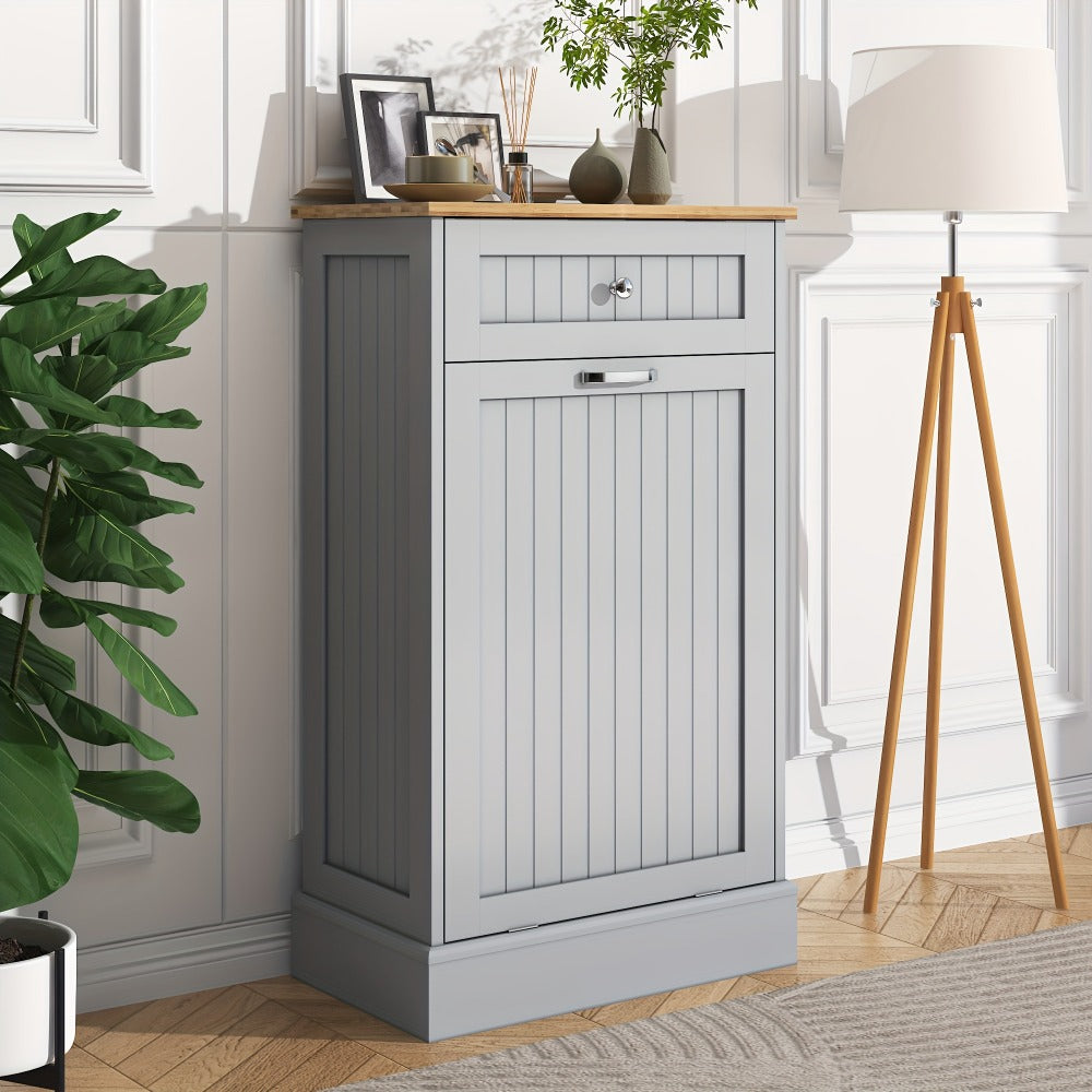Tilt Out Trash Cabinet Freestanding Kitchen Garbage Cabinet with Cutting Board & Drawer, Wood Hideaway Recycling Station