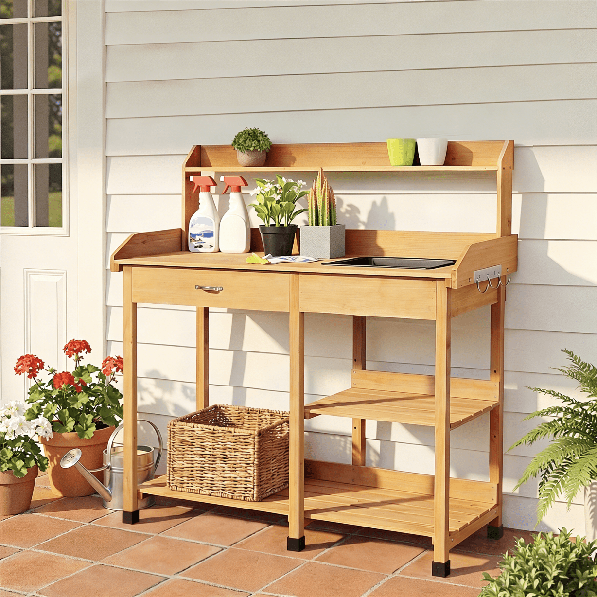 Garden Potting Table 4-Tier with Removable Sink, Adjustable Shelf, Drawer & Side Hooks, Outdoor Planter Stand for Yard Greenhouse in Wood