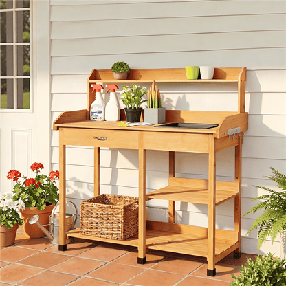 Garden Potting Table 4-Tier with Removable Sink, Adjustable Shelf, Drawer & Side Hooks, Outdoor Planter Stand for Yard Greenhouse in Wood