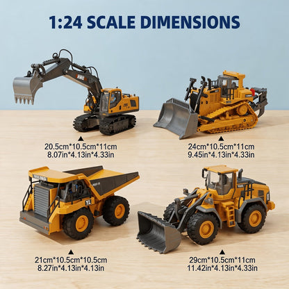 RC Construction Vehicle Set 2.4G 11-Channel Remote Control Excavator Dump Truck Bulldozer, 1:24 & 1:64 Alloy Engineering Toy