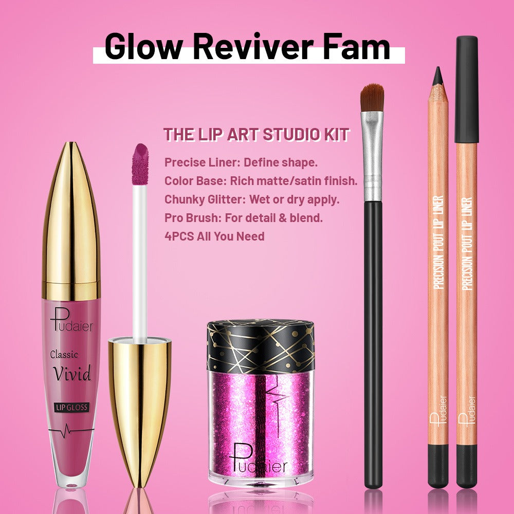 Four-Piece Glitter Lip Art Set with Loose Glitter Pot, Color Tube, Liner Pencil and Applicator Brush