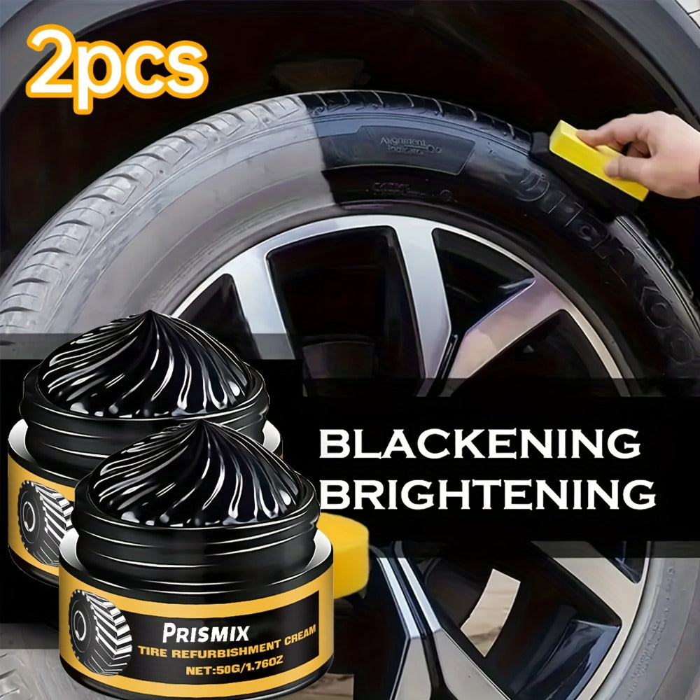 Tire Polishing Paste 2pcs with Sponge – Beeswax Formula Tire Shine & Retreading Paste, Rust Removal, Anti-Fouling, Lasting Black Gloss