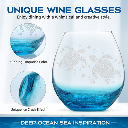 Sea Turtle Wine Glass Hand Etched Stemless 16oz Turquoise Crystal Glass Cup – Unique Wine for Home Cooking, Dining and Outdoor Meals