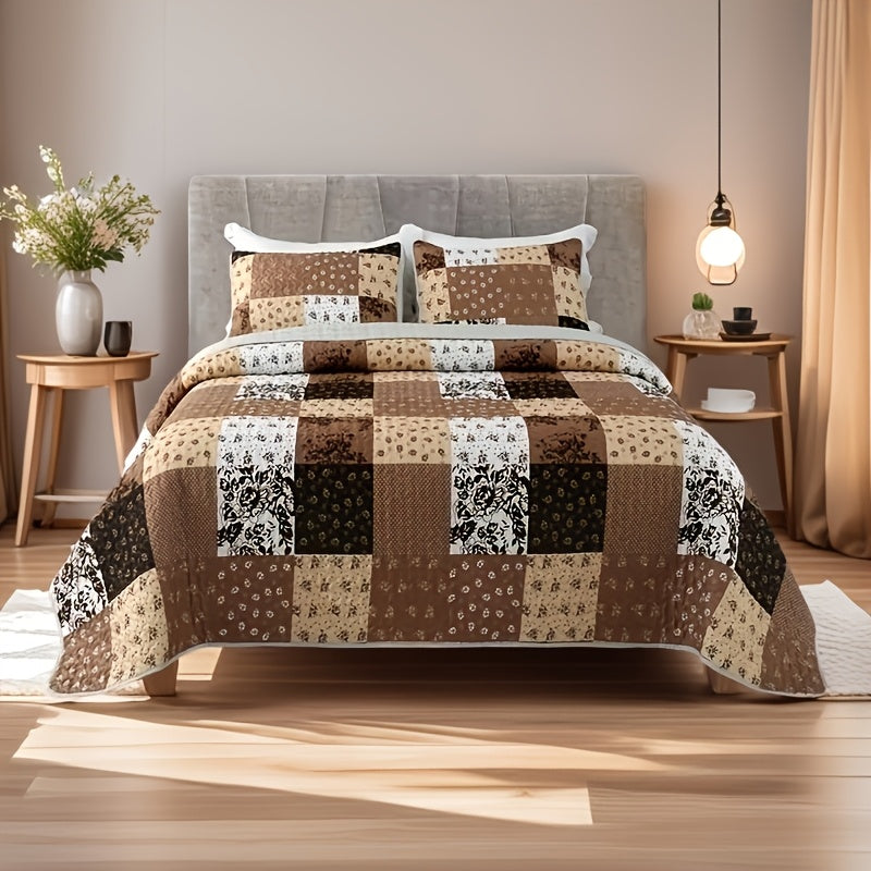 Patchwork Quilted Bedspread Set 3 Piece - 1 Quilt & 2 Pillow Shams All-Season Breathable 100% Polyester Bedding Set for Bedroom Dorm