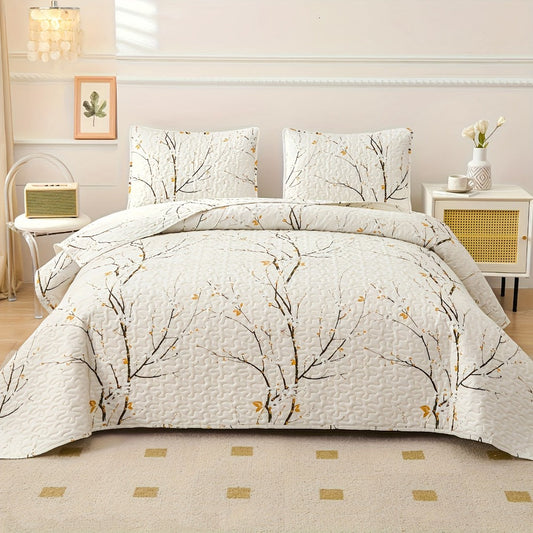 Reversible Botanical Microfiber Quilt Set with Pillow Shams, Five Patterns and Twin, Full/Queen or King Sizes