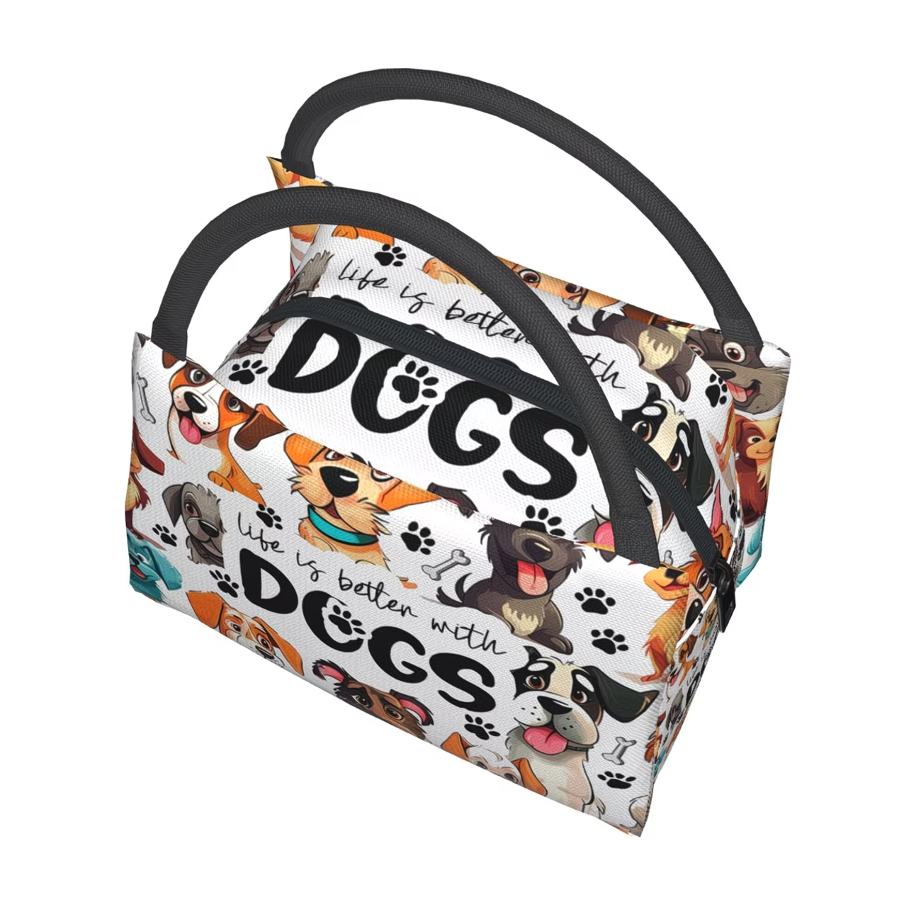 Dog-Print Lunch Tote with Black Handles in a 10.6 x 6.3 x 6.7-Inch Single Checkout and Zip Top