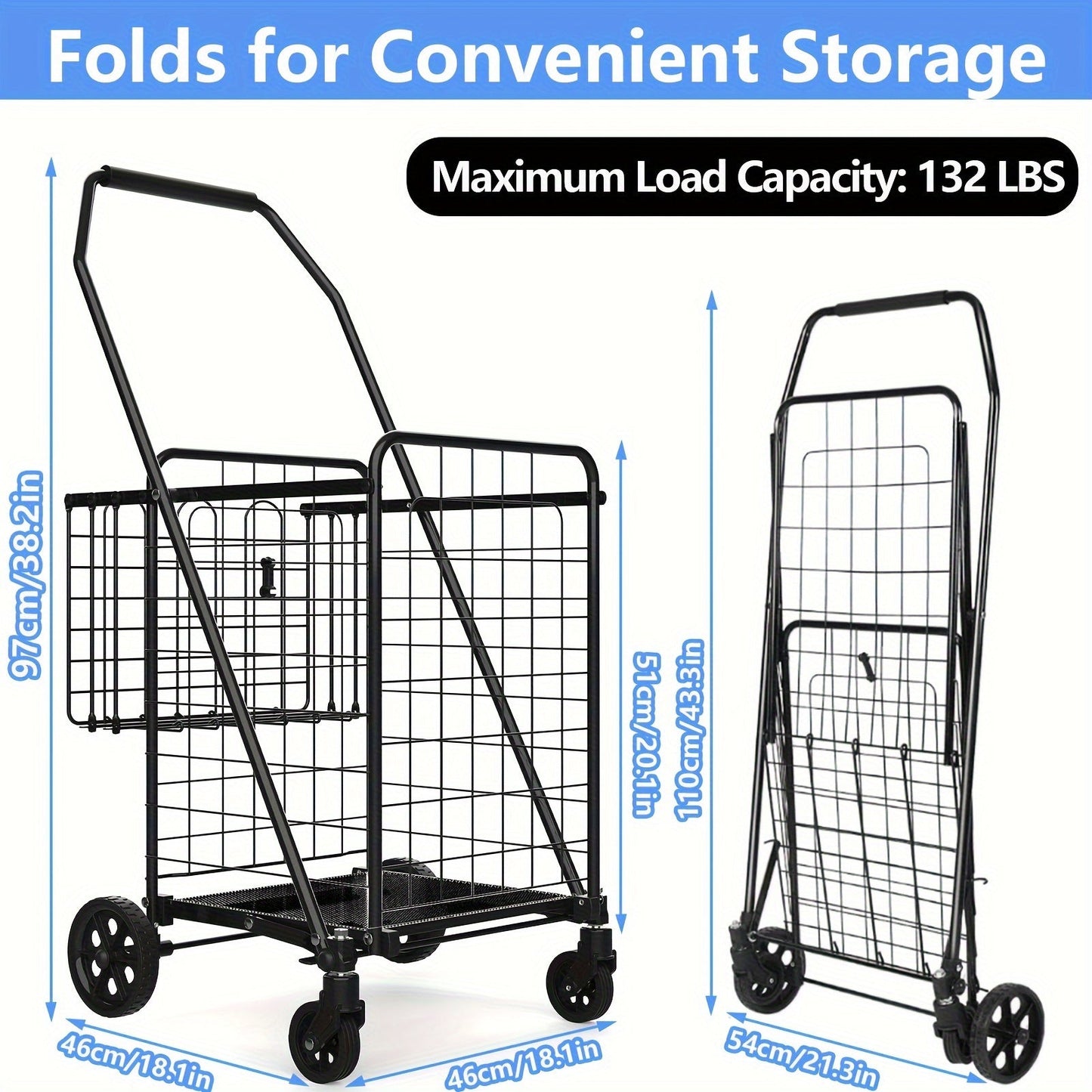 Folding Grocery Cart on Wheels, Double Basket Shopping Cart for Groceries Laundry Foldable Utility Cart