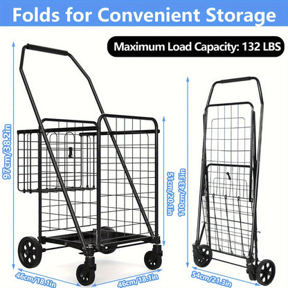 Folding Grocery Cart on Wheels, Double Basket Shopping Cart for Groceries Laundry Foldable Utility Cart