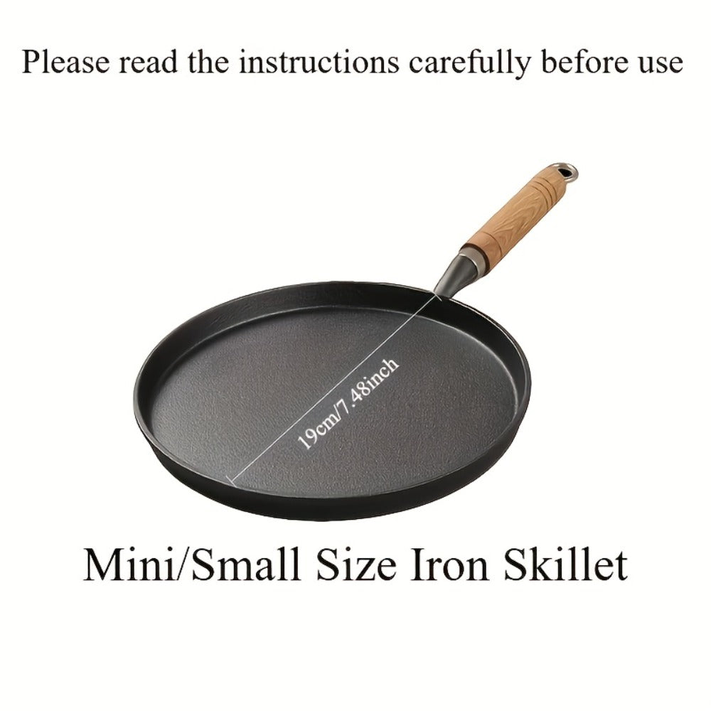 Mini Cast Iron Frying Pan 4.7 Inch with Wooden Handle for Omelets Pancakes Crepes for Home Cooking, Dining and Outdoor Meals