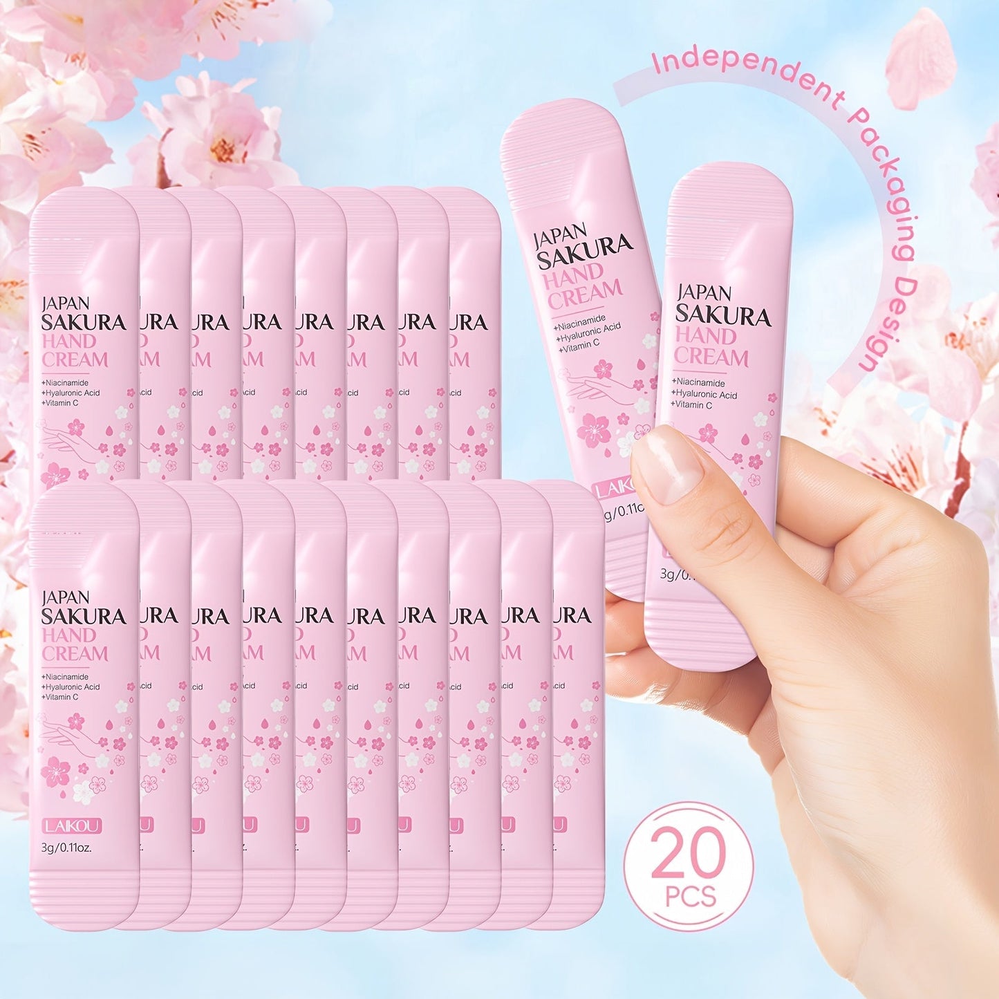 Japanese Sakura Hand Cream Set 20 Pcs LAIKOU Cherry Blossom Moisturizing Lotion with Glycerin & Vitamin C Lightweight Non-Greasy Portable