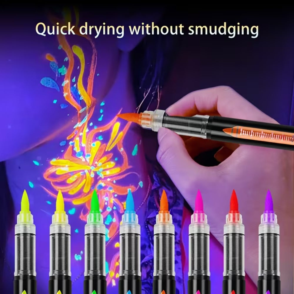 Face Body Paint Pen Set 8 Colors with 105 Tattoo Stencils, Glow in the Dark Neon UV Blacklight Face Paint