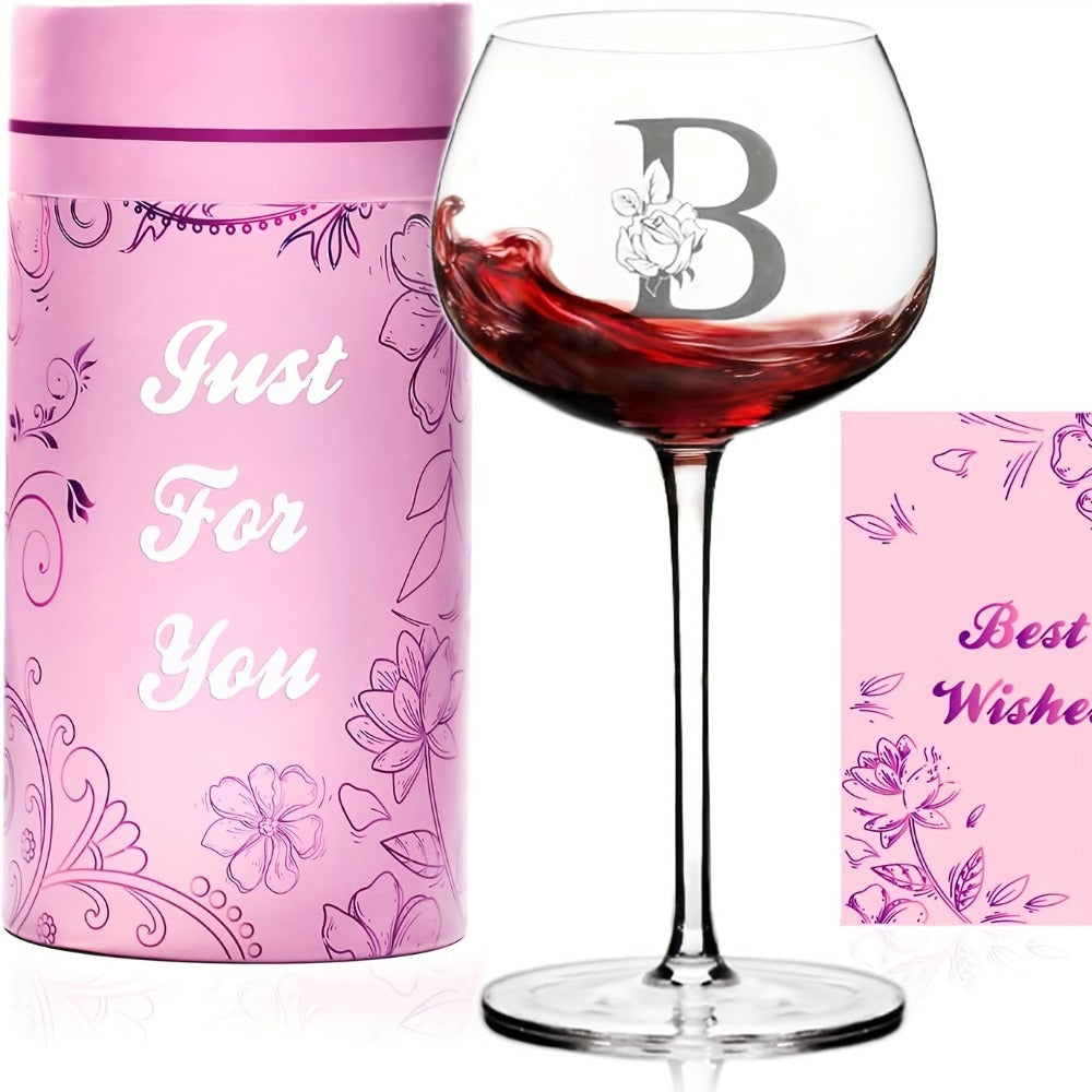 Personalized Wine Glass Gift for Women – A-Z Initial Letter Monogrammed Wine Glass with Gift Box & Greeting Card – Unique Birthday