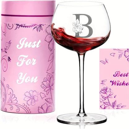 Personalized Wine Glass Gift for Women – A-Z Initial Letter Monogrammed Wine Glass with Gift Box & Greeting Card – Unique Birthday