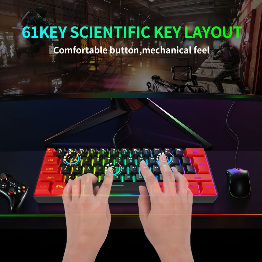 Red-and-Black 61-Key Compact Wired Keyboard with Detachable Cable and Multicolor-Lit Keycaps