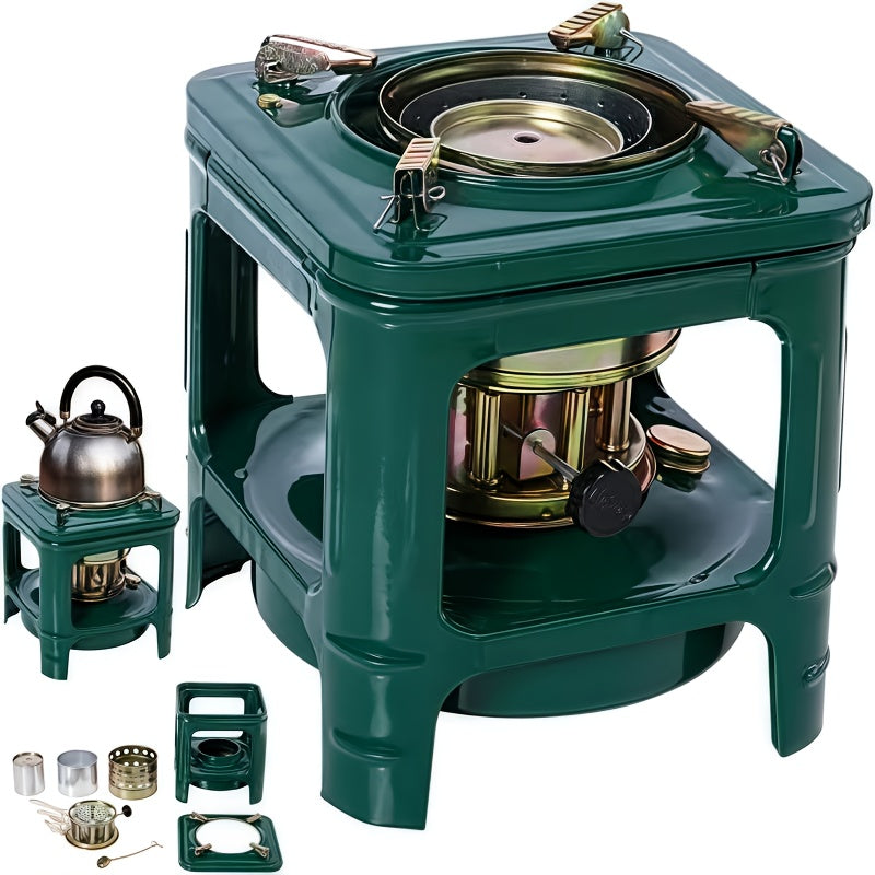 Military Green Kerosene Camping Stove with Pot Supports and Adjustable Wick Control, 740g Outdoor-Only Cooking Unit