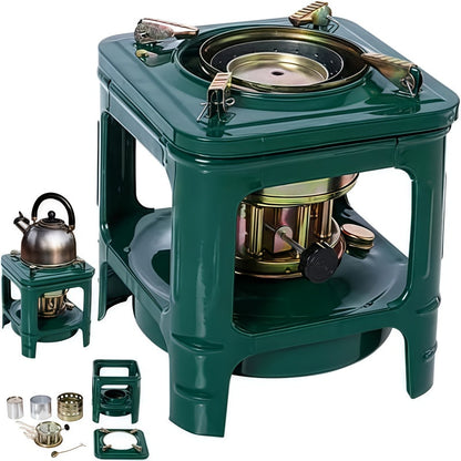 Military Green Kerosene Camping Stove with Pot Supports and Adjustable Wick Control, 740g Outdoor-Only Cooking Unit