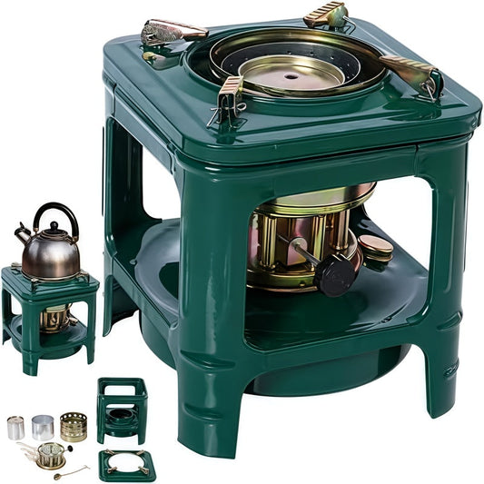 Military Green Kerosene Camping Stove with Pot Supports and Adjustable Wick Control, 740g Outdoor-Only Cooking Unit