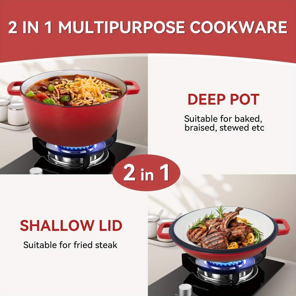 6QT Enameled Cast Iron Dutch Oven with Reversible 2QT Skillet-Style Lid and Four Color Options