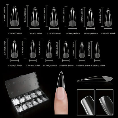 Gel Nail Tips 600 Pieces Clear Crystal Full Cover Nail Extensions – Almond Oval Coffin Stiletto Square Short Medium Long Soft Gel False