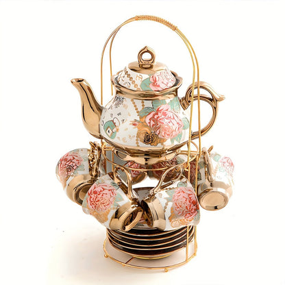 20-Piece Floral Ceramic Tea Set with Saucers & Metal Stand, European Afternoon Tea Service, Blooming Design