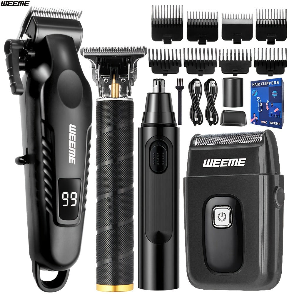 Zinc Alloy Men's Grooming Kit – USB Rechargeable Hair Clipper, Nose Trimmer, Electric Shaver & Detail Trimmer Set, 3500mAh Battery