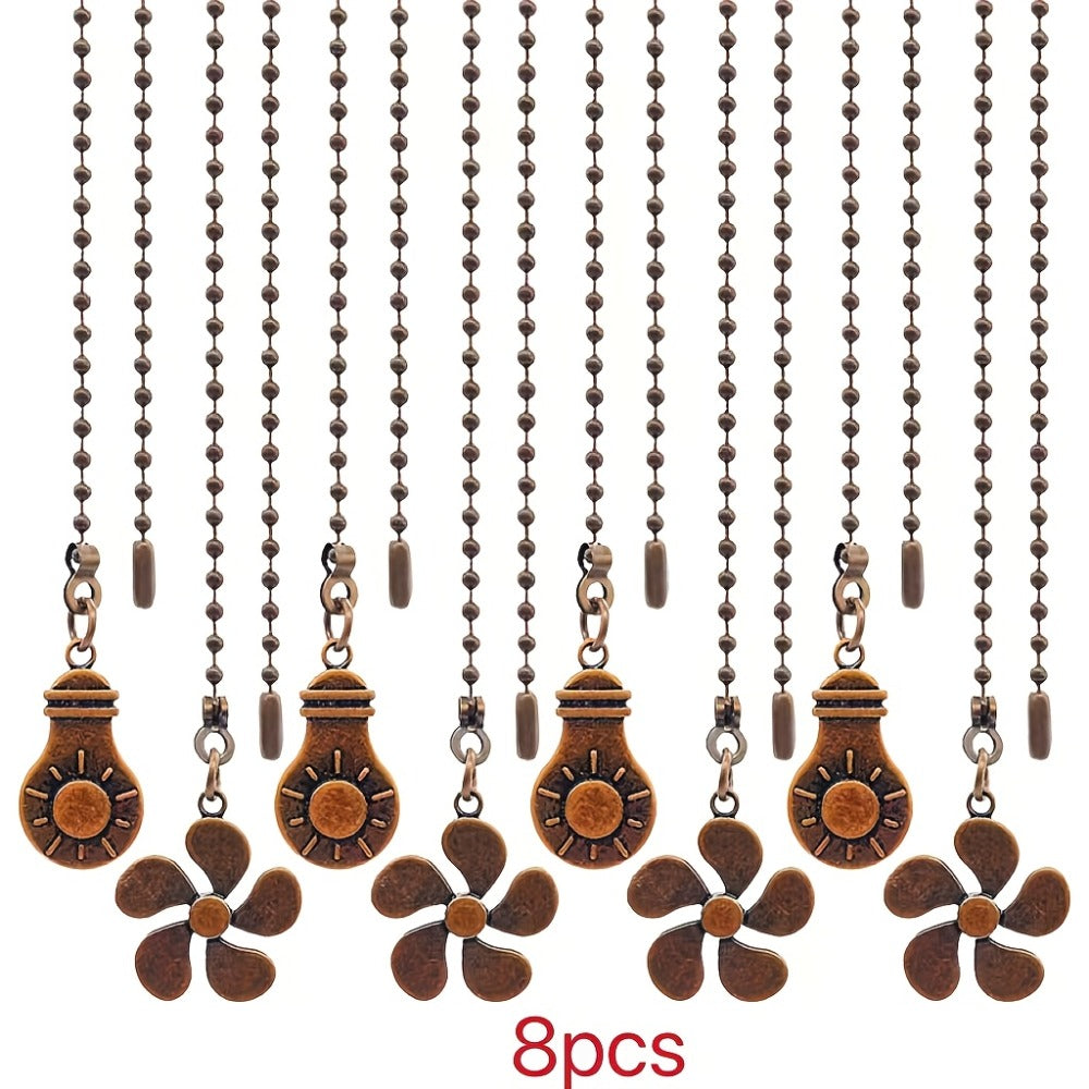 Ceiling Fan Pull Chain Extension Set of 8 – Decorative Bead Chain Pull Cord with Five-Leaf & Bulb Pendants, Iron Chain & Zinc Alloy, Bronze