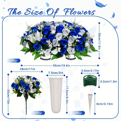 Artificial Cemetery Flowers for Grave with Saddle, Silk Rose Bouquet Headstone Decoration, Memorial Day Grave Flowers