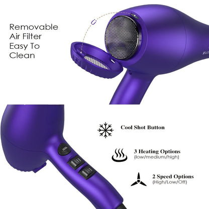 1875W Ionic Hair Dryer with Diffuser Concentrator Comb Nozzle – Professional Blow Dryer DC Motor 3 Heat 2 Speed Cool Shot Anti-Frizz Salon