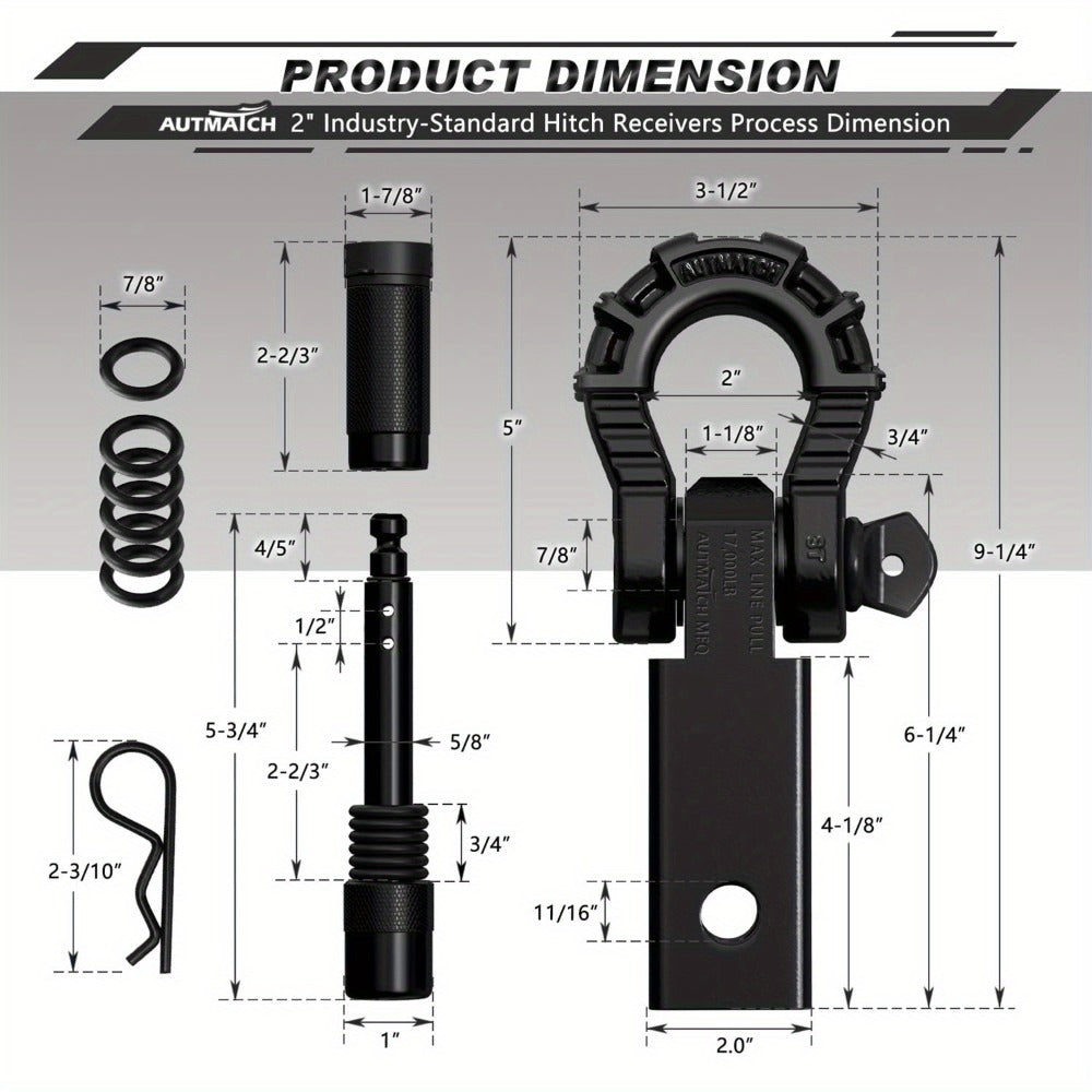 Shackle Hitch Receiver 2-Inch 68, 000 lb Break Strength with 3/4" D-Ring & 5/8" Hitch Lock Pin – Heavy Duty Drop Forged Steel 8-Ton Vehicle