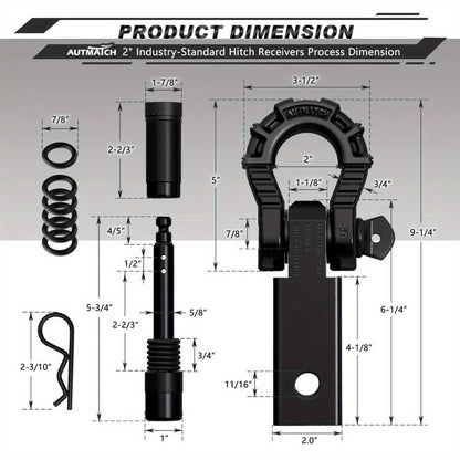 Shackle Hitch Receiver 2-Inch 68, 000 lb Break Strength with 3/4" D-Ring & 5/8" Hitch Lock Pin – Heavy Duty Drop Forged Steel 8-Ton Vehicle