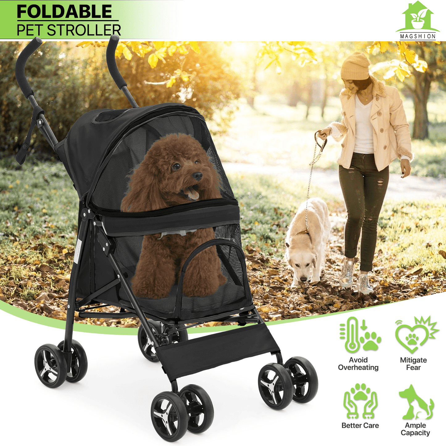 Pet Dog Cat Stroller with 4 Wheels – Foldable Jogger Pet Stroller for Small Medium Dogs & Cats up to 33 lbs, Breathable Mesh Windows