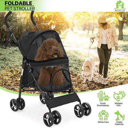 Pet Dog Cat Stroller with 4 Wheels – Foldable Jogger Pet Stroller for Small Medium Dogs & Cats up to 33 lbs, Breathable Mesh Windows