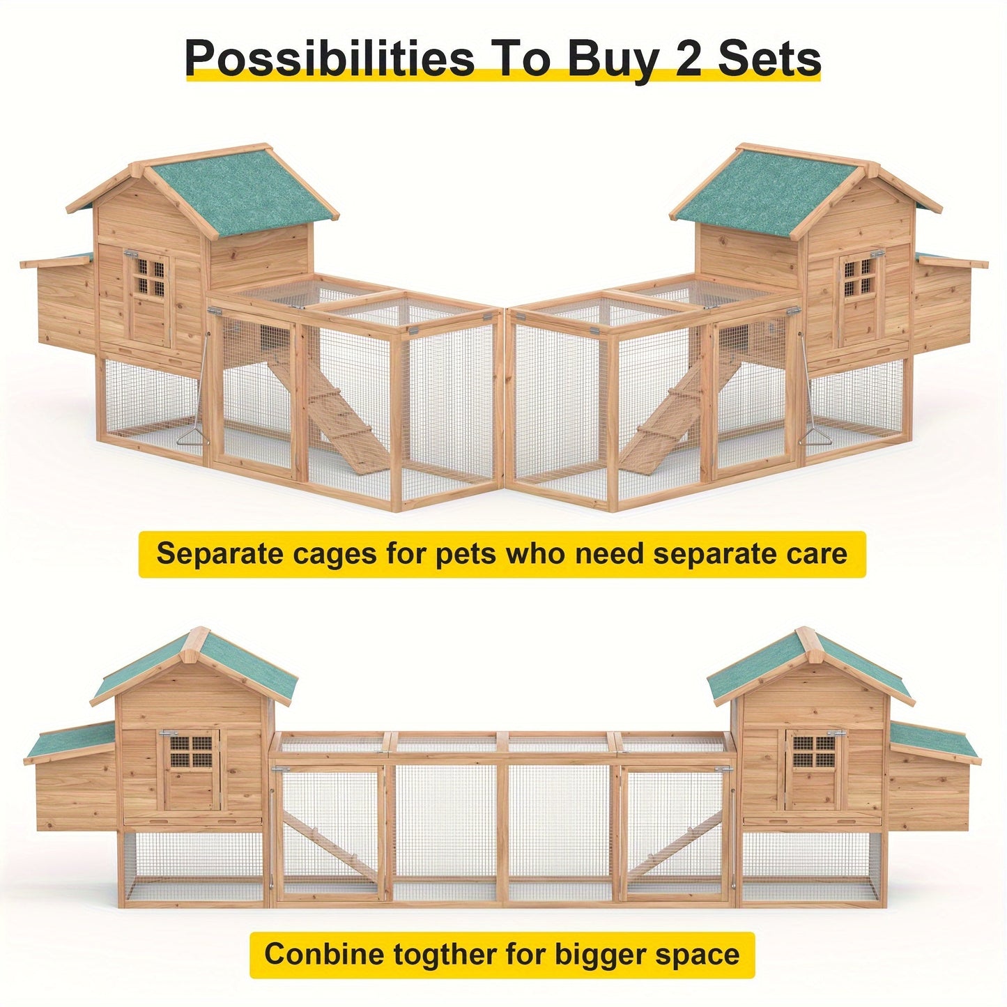 Wooden Chicken Coop with 80.75in Run, Nest Box, Ramp and Brown Frame for Outdoor Backyard Poultry