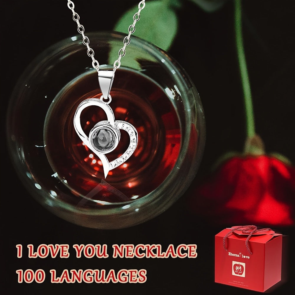 Preserved Real Rose Gift Box with I Love You in 100 Languages Necklace, Romantic Gifts for Girlfriend Wife Mom