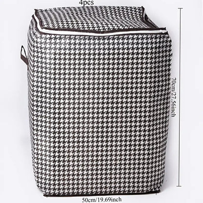 Four-Piece Houndstooth Fabric Storage Box Set with Handles, Double Zippers and Black-and-White Pattern