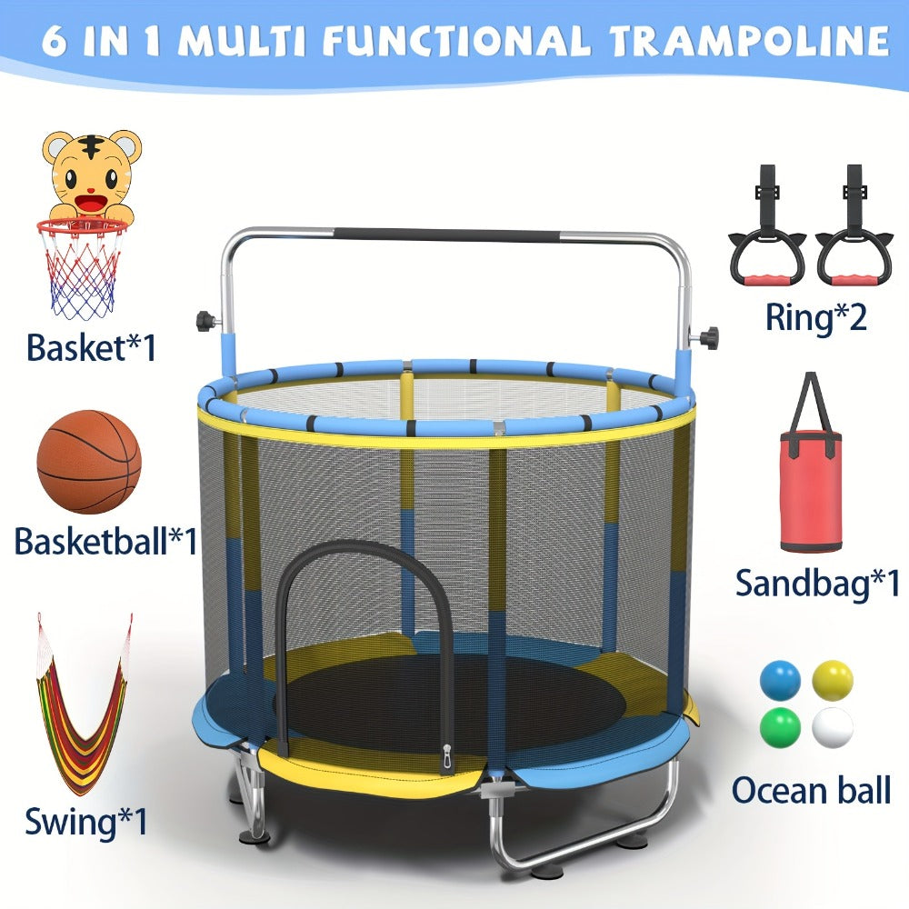 Kids Trampoline with Enclosure and Gymnastics Bar, 60" Height Adjustable Safety Net Trampoline for Toddlers Ages 3+
