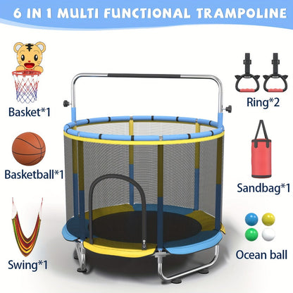 Kids Trampoline with Enclosure and Gymnastics Bar, 60" Height Adjustable Safety Net Trampoline for Toddlers Ages 3+