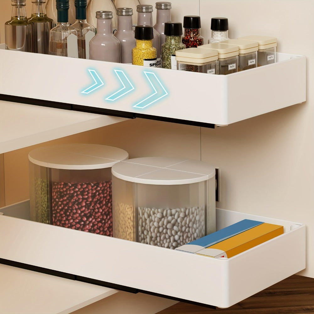Pull-Out Cabinet Organizer 2-Pack Retractable Slide-Out Storage Bins No Drill Removable Kitchen Pantry Bathroom Shelf Organizer Boho Style