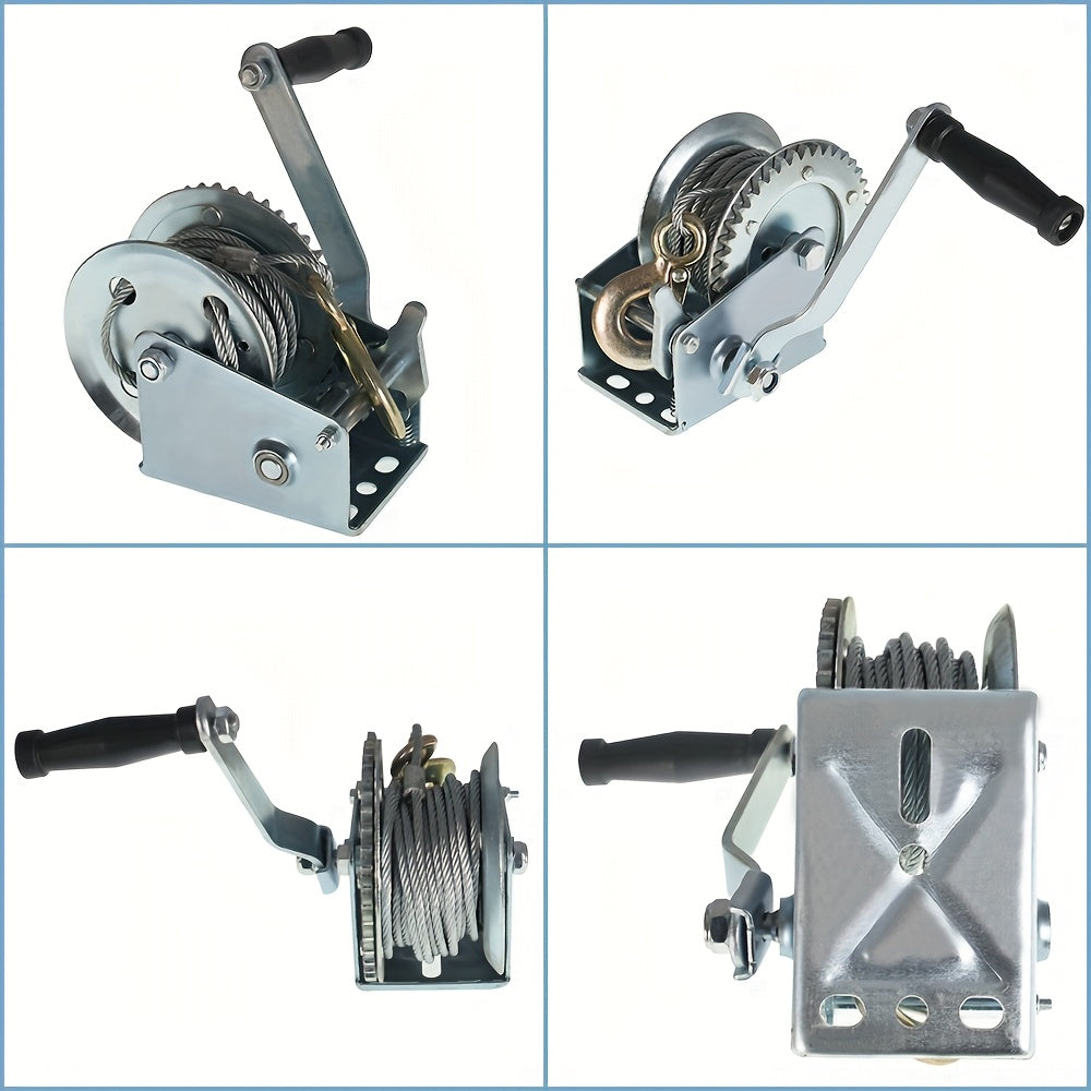 Manual Hand Winch Carbon Steel 800- - Double Brake Safety System, Strap Winch with Mooring Hook & Safety Pawl