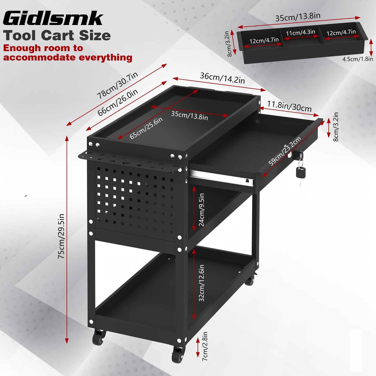 Rolling Tool Cart 3-Layer with Drawers & Screw Box Storage, Heavy-Duty Mechanic Trolley on Wheels for Garage Workshop Repair Shop