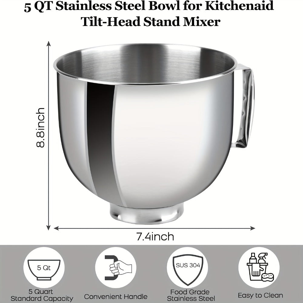 KitchenAid Compatible Stainless Steel Mixer Bowl 5 Quart, 304 Stainless Steel Stand Mixer Bowl with Handle & Spill-Resistant Lid