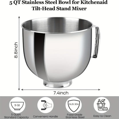 KitchenAid Compatible Stainless Steel Mixer Bowl 5 Quart, 304 Stainless Steel Stand Mixer Bowl with Handle & Spill-Resistant Lid